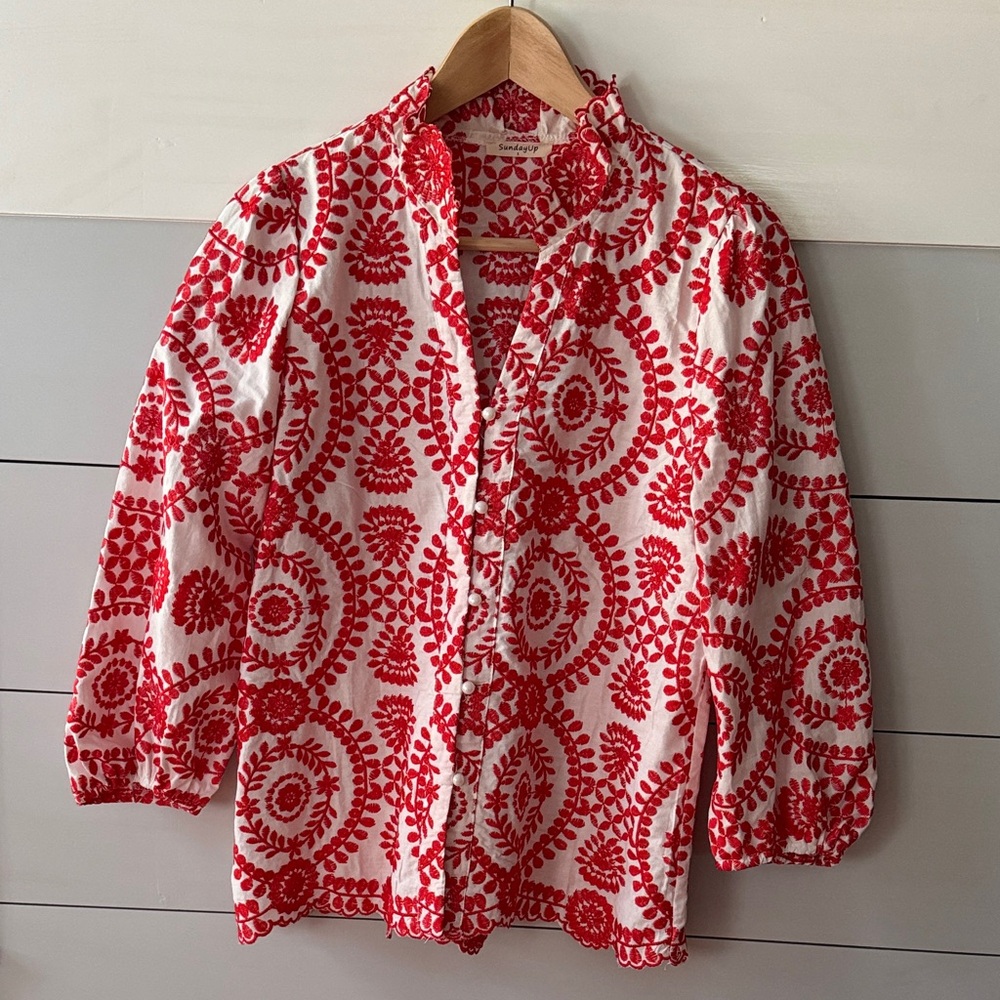 Sunday Red and White Embroidered Top